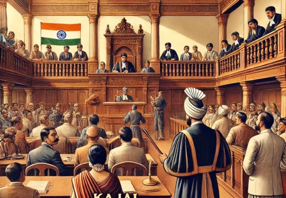 DALL·E 2024-11-06 15.37.25 - A detailed courtroom scene in an Indian court, focusing on the judge delivering a verdict. In the courtroom, two main figures, Kajal (female petitione