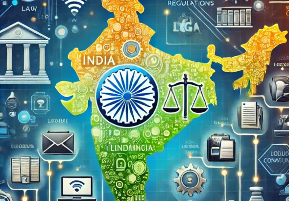 DALL·E 2024-11-06 15.44.20 - A conceptual illustration of the evolution of e-commerce regulations in India from a legal perspective. The image shows a timeline depicting key devel