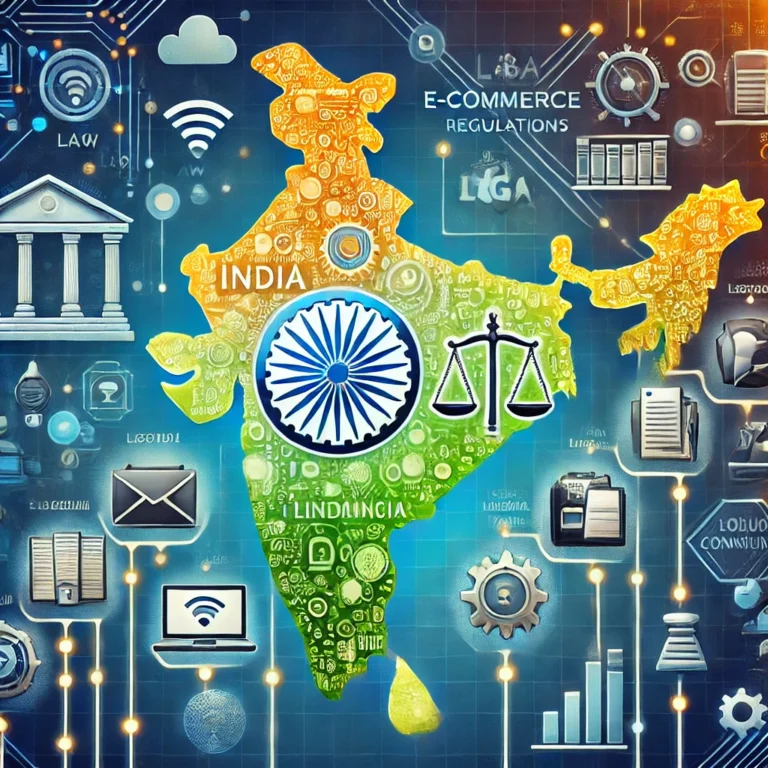 DALL·E 2024-11-06 15.44.20 - A conceptual illustration of the evolution of e-commerce regulations in India from a legal perspective. The image shows a timeline depicting key devel