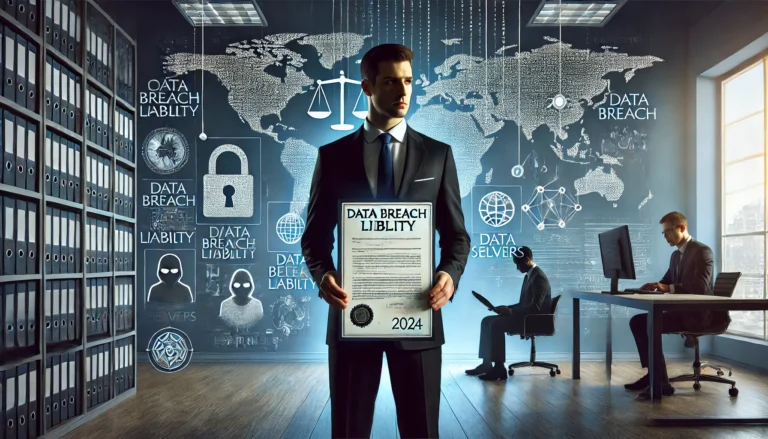 DALL·E 2024-11-06 16.20.10 - A modern image illustrating corporate legal responsibilities in data breach liability for 2024. In the foreground, a businessman in a suit stands, hol