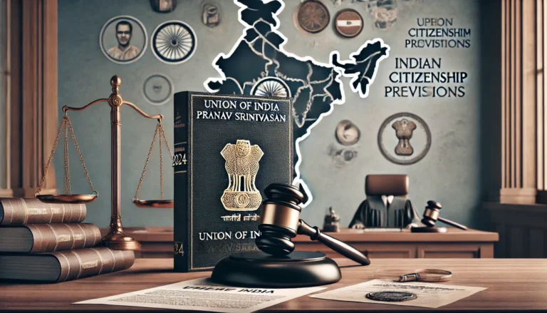 DALL·E 2024-11-06 20.09.29 - A legal-themed image illustrating the 2024 Supreme Court case 'Union of India v. Pranav Srinivasan,' which addresses provisions related to Indian citi