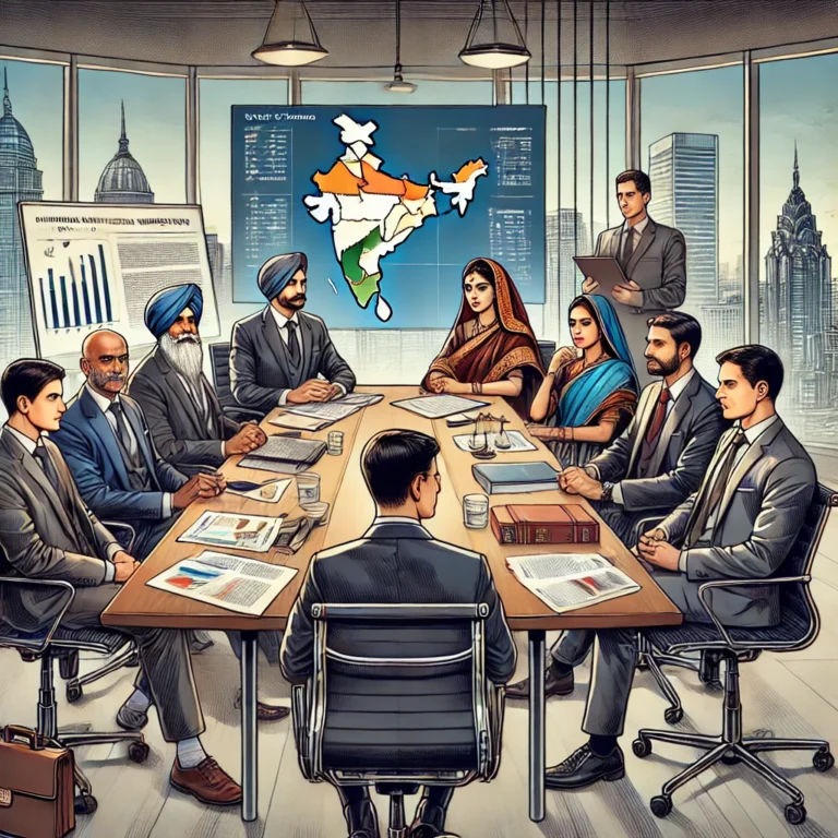 DALL·E 2024-11-06 20.46.52 - A detailed and professional illustration of business professionals and legal advisors discussing a merger and acquisition (M&A) deal in India. They ar