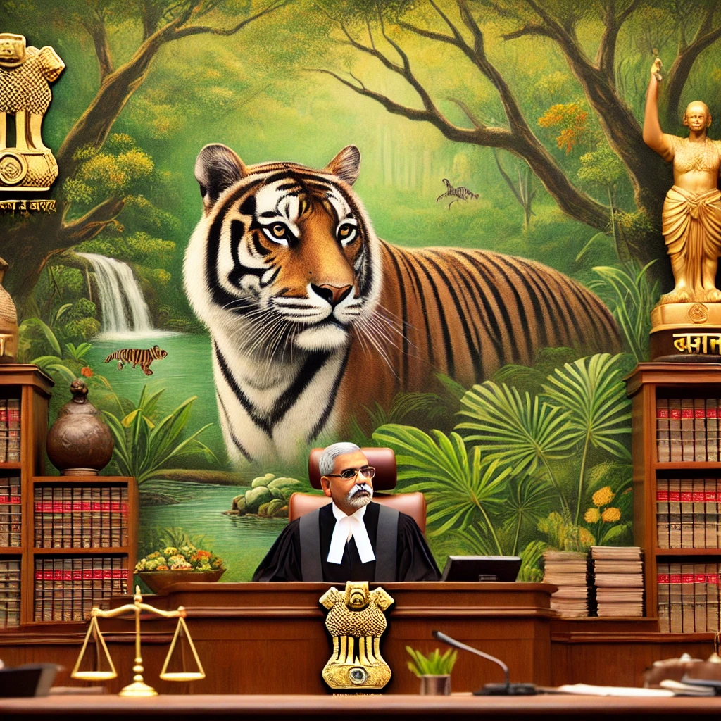 DALL·E 2024-11-08 12.40.03 - A detailed courtroom scene showing a Supreme Court judge in India presiding over a case related to tiger conservation and environmental protection. In