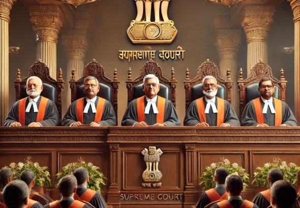 DALL·E 2024-11-08 12.59.47 - A detailed and dramatic courtroom scene showing the interior of the Supreme Court of India, with five judges seated on an elevated bench in traditiona