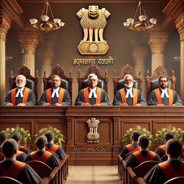 DALL·E 2024-11-08 12.59.47 - A detailed and dramatic courtroom scene showing the interior of the Supreme Court of India, with five judges seated on an elevated bench in traditiona