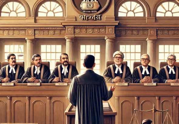 DALL·E 2024-11-08 13.28.54 - A professional courtroom scene illustrating a lawyer standing before a panel of judges, referencing the high standards and decorum of an Indian High C