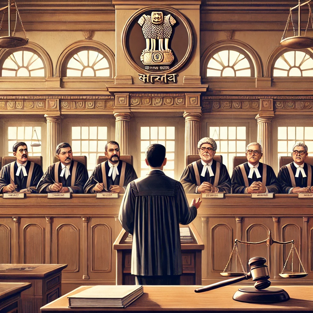 DALL·E 2024-11-08 13.28.54 - A professional courtroom scene illustrating a lawyer standing before a panel of judges, referencing the high standards and decorum of an Indian High C