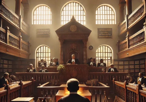 DALL·E 2024-11-08 14.23.36 - A courtroom scene inside the Kerala High Court, with a judge seated behind a large wooden bench, surrounded by legal texts and court insignia. The jud