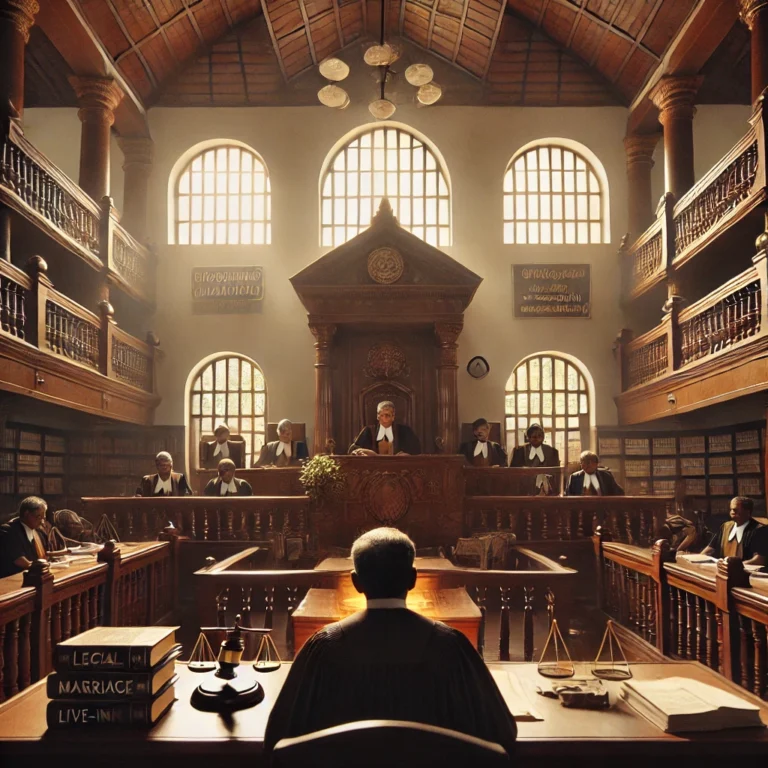 DALL·E 2024-11-08 14.23.36 - A courtroom scene inside the Kerala High Court, with a judge seated behind a large wooden bench, surrounded by legal texts and court insignia. The jud