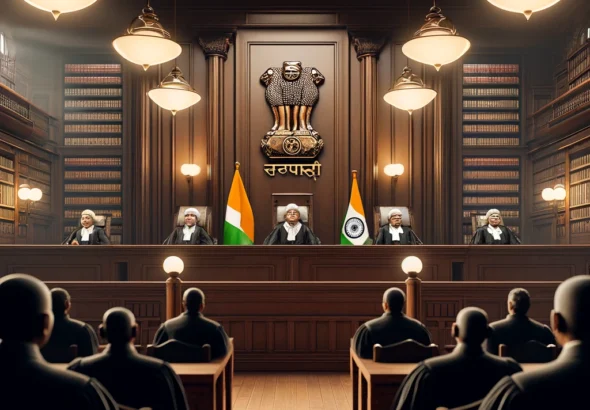 DALL·E 2024-11-08 14.47.35 - A realistic and formal courtroom scene in the Supreme Court of India. The setting is dignified, with dark wood paneling, large windows allowing natura