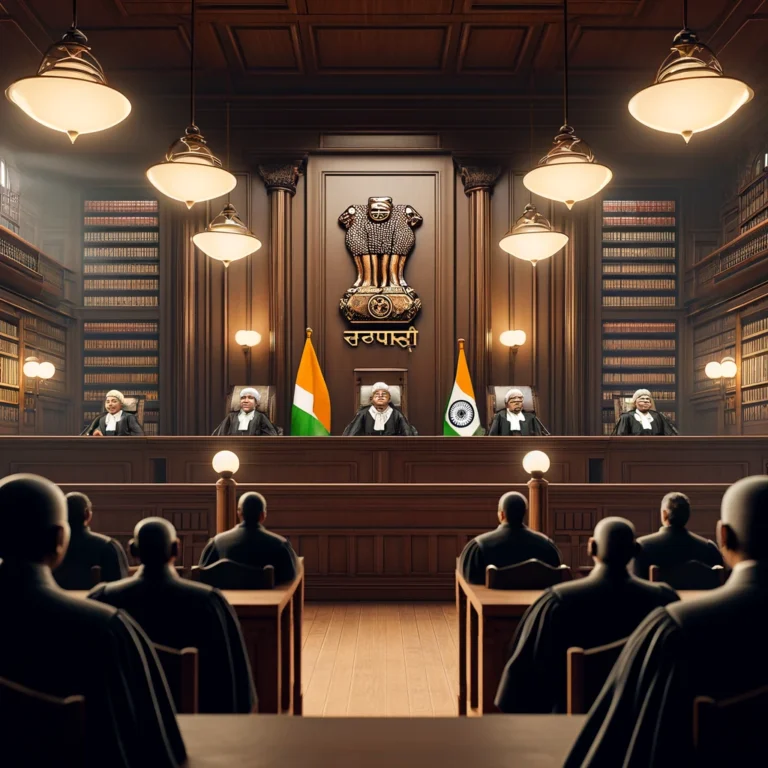 DALL·E 2024-11-08 14.47.35 - A realistic and formal courtroom scene in the Supreme Court of India. The setting is dignified, with dark wood paneling, large windows allowing natura