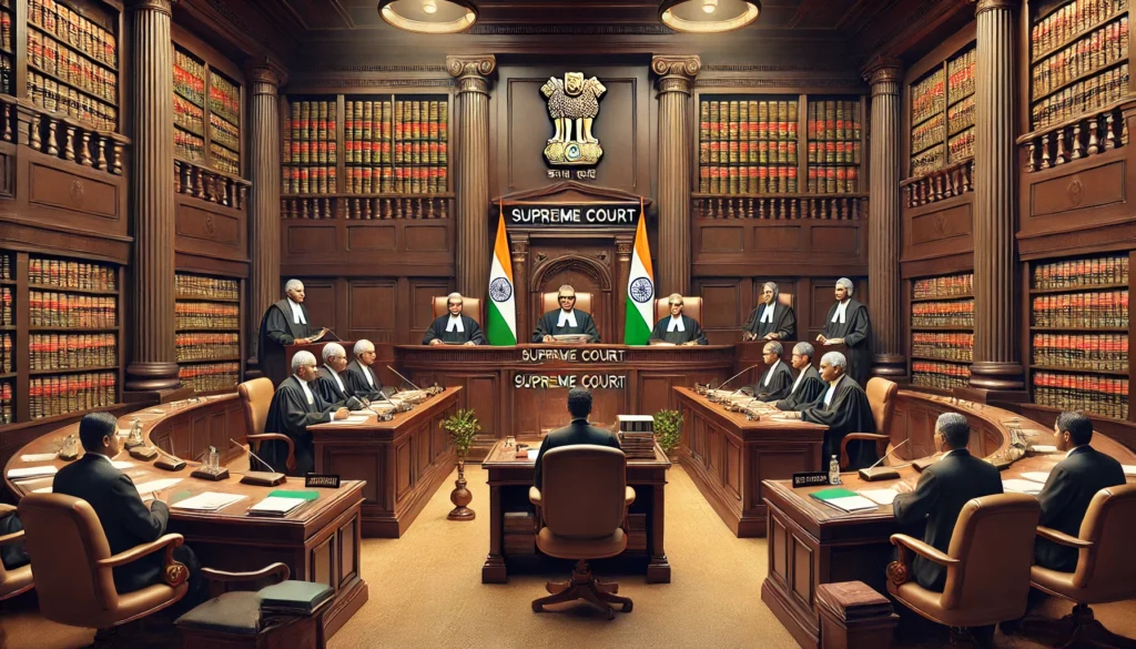 DALL·E 2024-11-08 21.24.12 - A detailed courtroom scene in India’s Supreme Court, focusing on a legal argument between two sides regarding property rights. The setting includes a