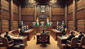 DALL·E 2024-11-08 21.24.12 - A detailed courtroom scene in India’s Supreme Court, focusing on a legal argument between two sides regarding property rights. The setting includes a