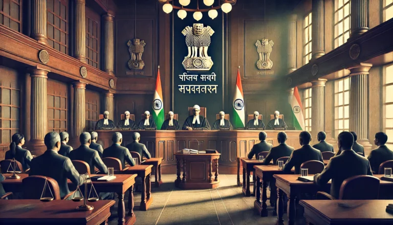 DALL·E 2024-11-08 22.09.02 - An Indian courtroom scene with an emphasis on a serious legal setting. The image shows a high court bench with a judge presiding over a case, illustra