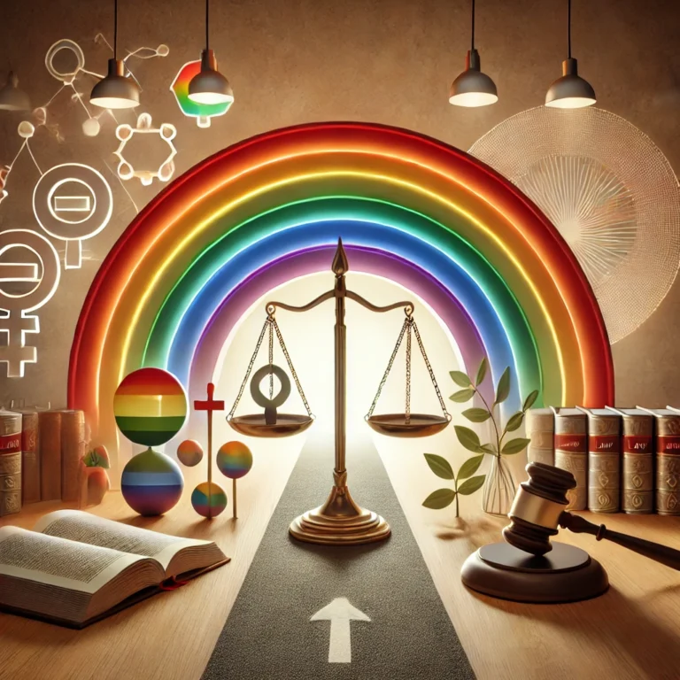 DALL·E 2024-11-08 23.33.20 - A visually symbolic image showing the journey of LGBTQ rights within the legal framework. The image should feature a courtroom setting with a prominen