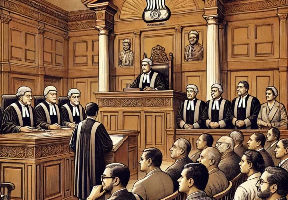 DALL·E 2024-11-10 13.41.55 - An illustration of a courtroom scene with judges and lawyers discussing a case in a high court setting in India. The scene has a dignified, formal amb