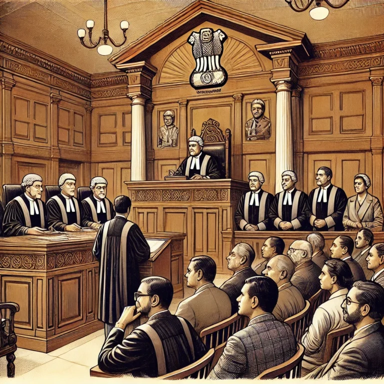 DALL·E 2024-11-10 13.41.55 - An illustration of a courtroom scene with judges and lawyers discussing a case in a high court setting in India. The scene has a dignified, formal amb