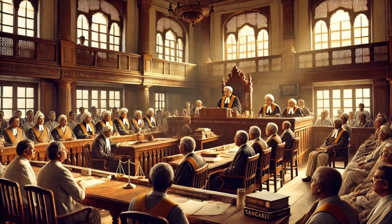 DALL·E 2024-11-10 14.36.39 - A courtroom scene in India, featuring a senior judge seated at the bench with other legal officials present. The atmosphere is serious, with intricate