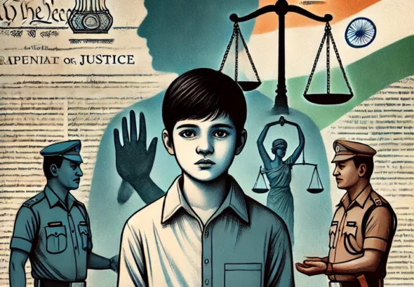 DALL·E 2024-11-10 20.10.57 - A symbolic illustration representing juvenile justice in India. In the foreground, there is a young person with a serious expression, standing between