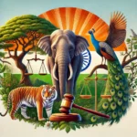 DALL·E 2024-11-21 15.12.07 - A symbolic artwork representing animal protection laws in India. The scene includes a majestic Indian elephant, a Bengal tiger, and a peacock standing