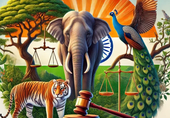 DALL·E 2024-11-21 15.12.07 - A symbolic artwork representing animal protection laws in India. The scene includes a majestic Indian elephant, a Bengal tiger, and a peacock standing