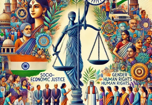 DALL·E 2024-11-21 15.31.25 - A detailed illustration capturing the essence of Justice DY Chandrachud's impact on socio-economic justice, gender equality, and human rights in India