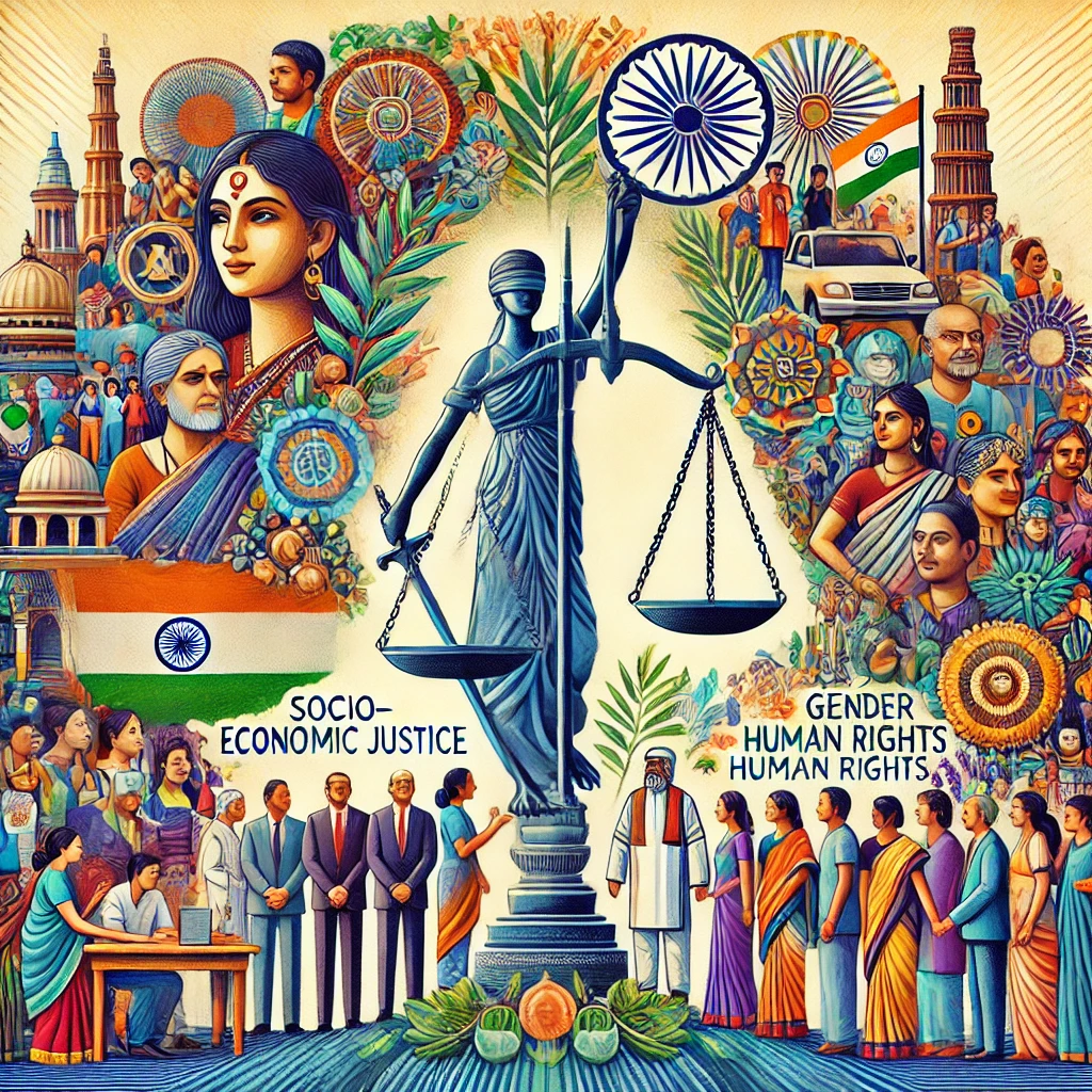 DALL·E 2024-11-21 15.31.25 - A detailed illustration capturing the essence of Justice DY Chandrachud's impact on socio-economic justice, gender equality, and human rights in India