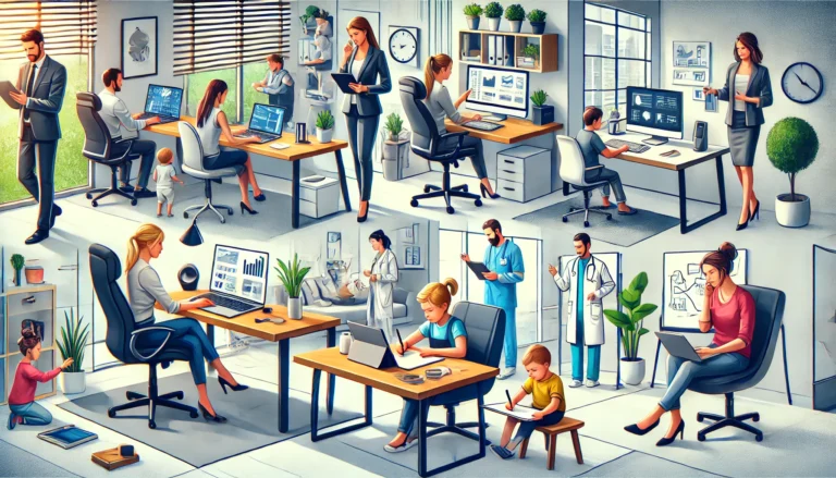 DALL·E 2024-11-23 19.56.59 - A professional workspace illustrating a flexible work environment. The image features a diverse group of employees working in various settings. Some a