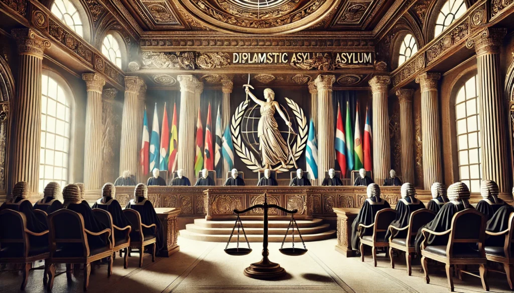 DALL·E 2024-11-23 20.10.19 - A symbolic representation of the International Court of Justice (ICJ) deliberating on the concept of diplomatic asylum. The scene features an elegant