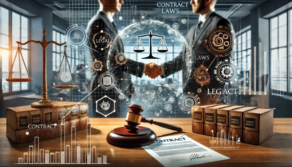 DALL·E 2024-11-23 20.25.21 - A symbolic representation of the role of contract laws in corporate agreements. The scene features a modern office table with two business professiona