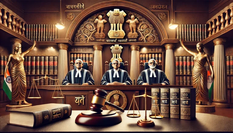 DALL·E 2024-11-23 20.55.29 - A courtroom scene representing the Supreme Court of India during a landmark judgment. The setting includes a grand bench with three distinguished just