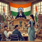 DALL·E 2024-11-24 14.47.15 - An illustration depicting a courtroom scene in modern India, with a judge seated behind a bench adorned with the Indian national emblem. On one side,