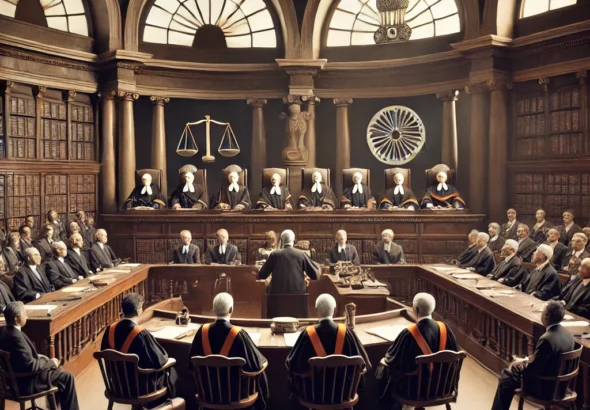 DALL·E 2024-11-28 16.32.14 - A dramatic courtroom scene depicting the early 1950s in India, with judges seated in traditional robes, a large courtroom with colonial-era architectu