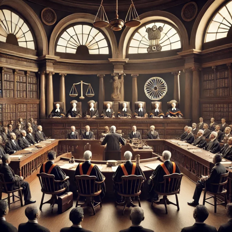 DALL·E 2024-11-28 16.32.14 - A dramatic courtroom scene depicting the early 1950s in India, with judges seated in traditional robes, a large courtroom with colonial-era architectu