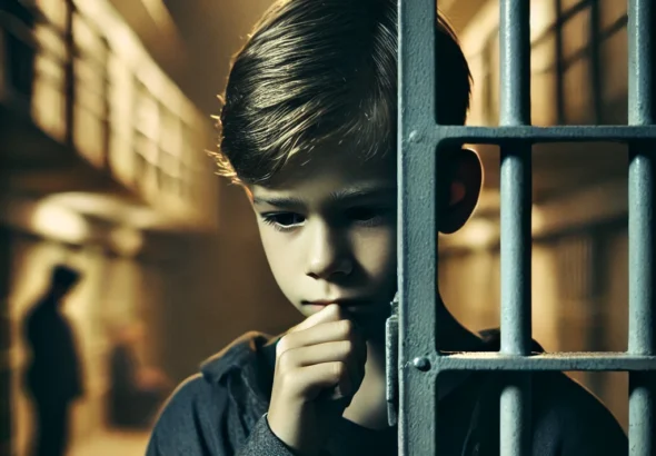 DALL·E 2024-11-28 16.48.05 - A poignant and thought-provoking image of a juvenile child behind bars in a dimly lit prison cell. The child, a young teenager, looks contemplative an