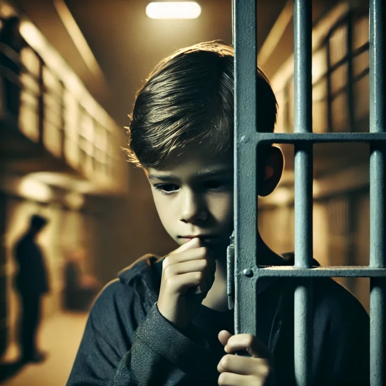 DALL·E 2024-11-28 16.48.05 - A poignant and thought-provoking image of a juvenile child behind bars in a dimly lit prison cell. The child, a young teenager, looks contemplative an