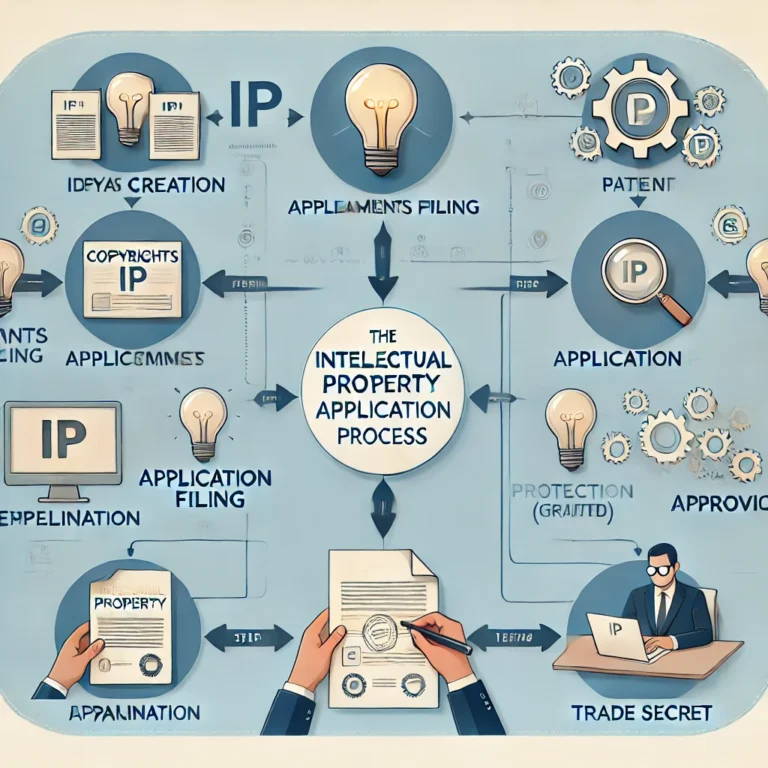 DALL·E 2024-12-01 18.38.05 - A professional flowchart diagram illustrating the intellectual property (IP) application process. It should include four main categories_ copyrights,