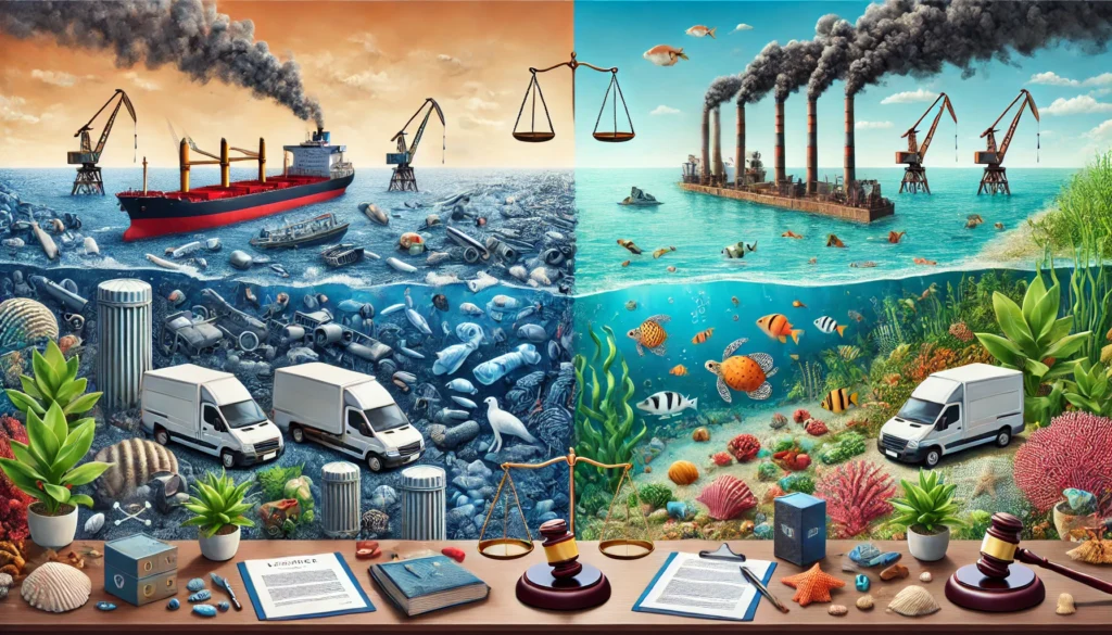 DALL·E 2024-12-02 10.48.31 - A visually engaging scene depicting the environmental impacts of maritime activities in India. The image should feature a coastal area with both pollu