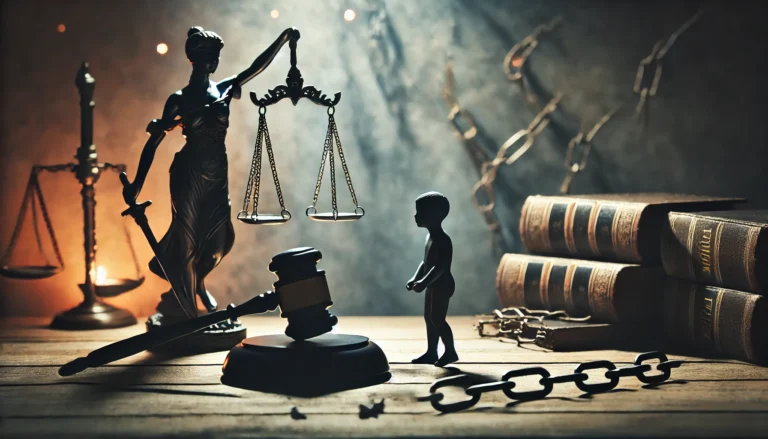 DALL·E 2024-12-02 11.13.32 - A powerful image addressing the themes of juvenile justice and sexual offenses. The scene features symbolic elements like a courtroom with a judge’s g