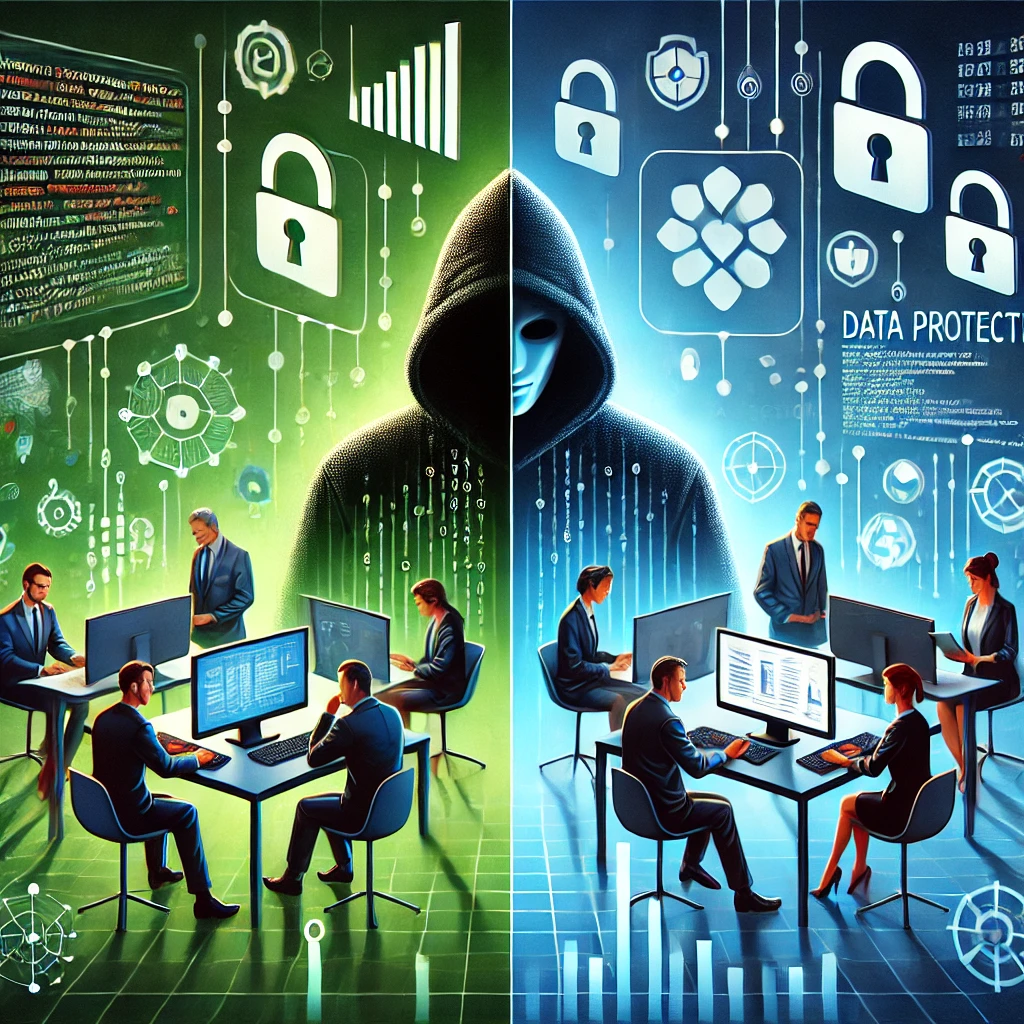 DALL·E 2024-12-04 13.23.20 - A visually engaging illustration depicting recent trends in cybercrime and data protection law. The image features a split scene_ on one side, a dark,