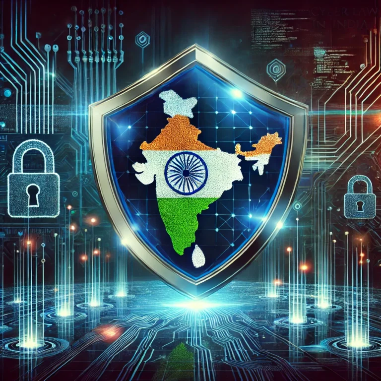 DALL·E 2024-12-04 13.44.46 - A dynamic and futuristic image representing 'Cyber Law in India_ The Sentinel of the Digital Frontier.' The scene features a large digital shield with