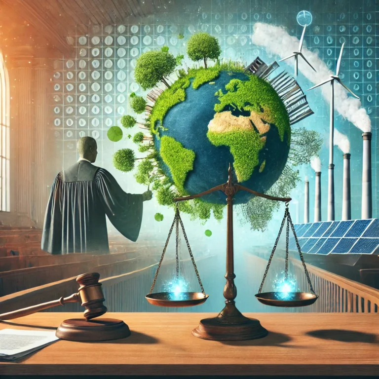 DALL·E 2024-12-06 19.30.13 - A conceptual illustration representing the impact of climate litigation on policy reform. The image shows a courtroom scene blended with environmental