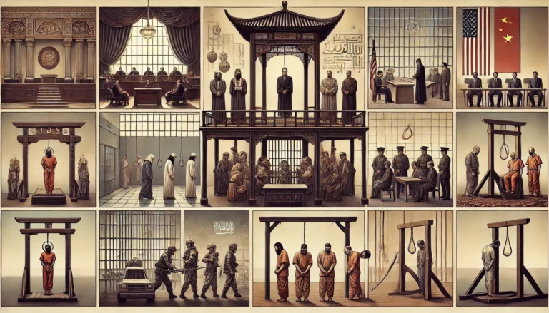 DALL·E 2024-12-07 11.15.45 - An artistic representation of capital punishment practices in various countries, depicting diverse settings. On the left, a formal courtroom scene rep