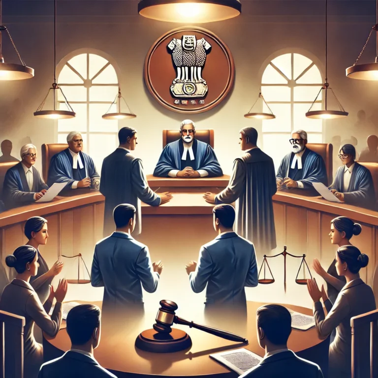 DALL·E 2024-12-08 11.06.42 - A professional and formal depiction of a courtroom with two judges presiding over a hearing, surrounded by lawyers presenting arguments. The scene inc