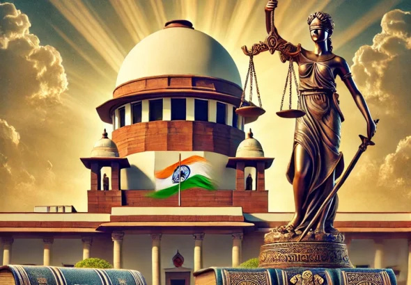 DALL·E 2024-12-09 10.05.05 - A symbolic artistic representation of the Indian judicial system. The image features the iconic Supreme Court of India building with its dome and nati