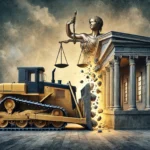 DALL·E 2024-12-09 21.09.06 - A symbolic representation of the 'Bulldozer Judgment' concept in a modern legal context. The scene includes a large bulldozer painted in muted tones,