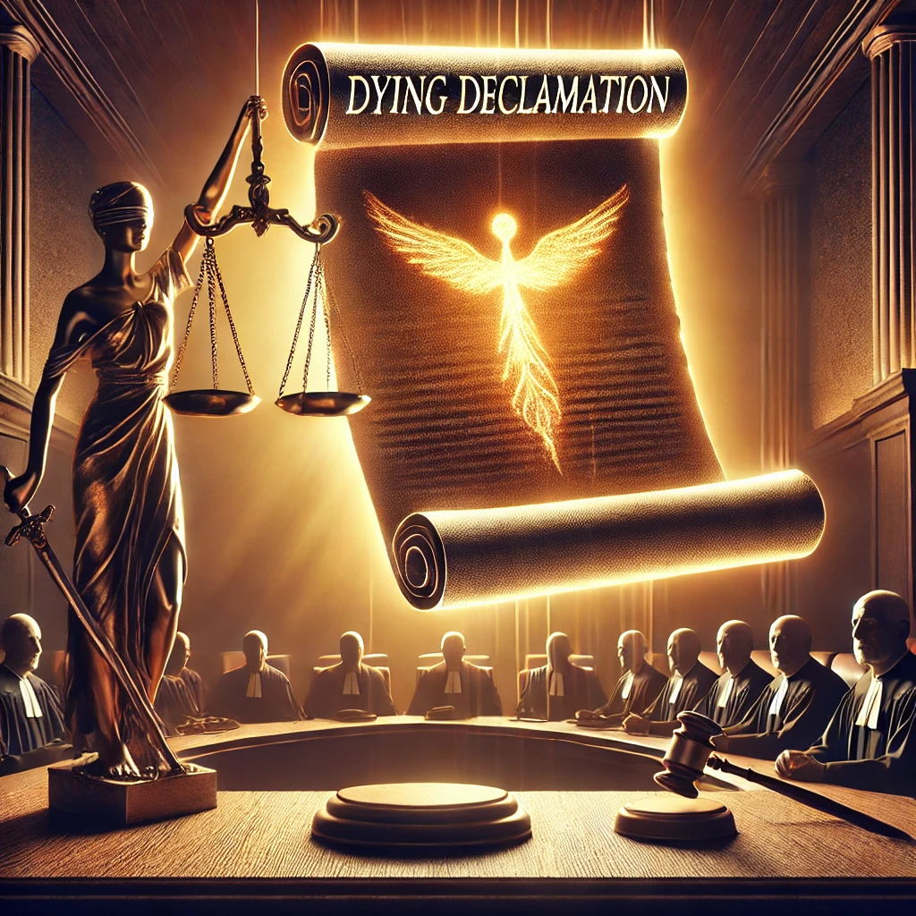 DALL·E 2024-12-22 20.14.57 - A symbolic representation of the concept of 'dying declaration' in law. The image features a courtroom scene with a glowing scroll symbolizing a dying