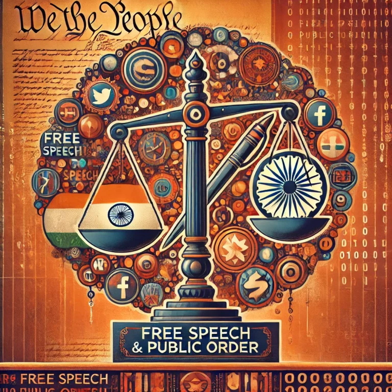 DALL·E 2024-12-22 20.26.38 - A conceptual illustration showcasing the balance between free speech and public order in India. The image includes symbolic elements such as a scale w