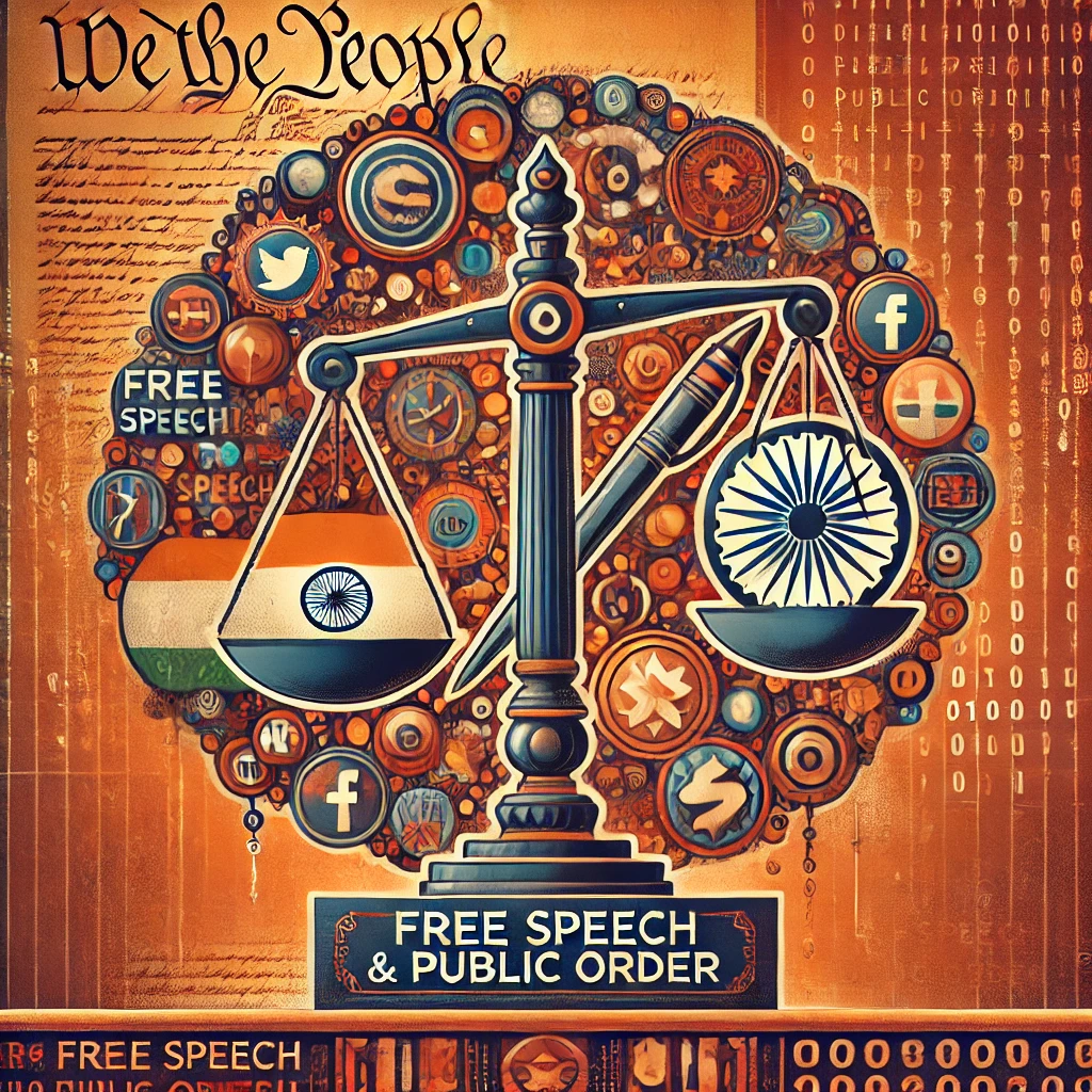 DALL·E 2024-12-22 20.26.38 - A conceptual illustration showcasing the balance between free speech and public order in India. The image includes symbolic elements such as a scale w