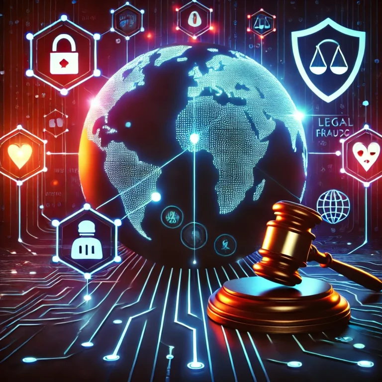 DALL·E 2024-12-25 13.18.14 - A visually striking illustration representing cyber fraud and global legal frameworks. The image features a world map interconnected with glowing line